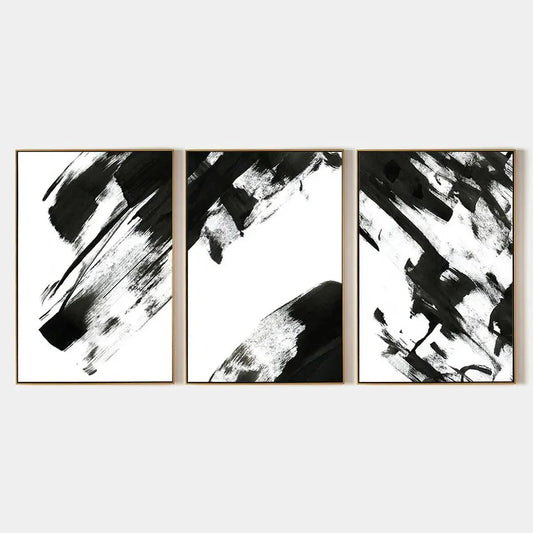BLACK & WHITE ABSTRACT TRIPTYCH: Abstract Painting Set of 3, Vertical Wall Art | hanging in Set of 3 vertical black and white abstract oil paintings; refined triptych composition with bold monochro...