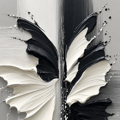 METAMORPHOSIS: Textured Abstract Butterfly Painting in Black and White | rectangular format, hand-painted canvas edge