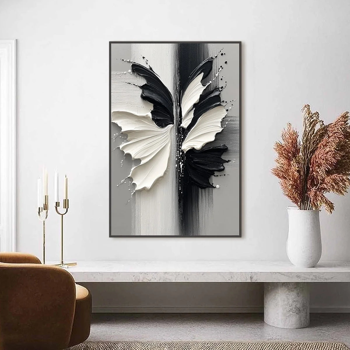METAMORPHOSIS: Textured Abstract Butterfly Painting in Black and White | gold frame stretched on neutral wall