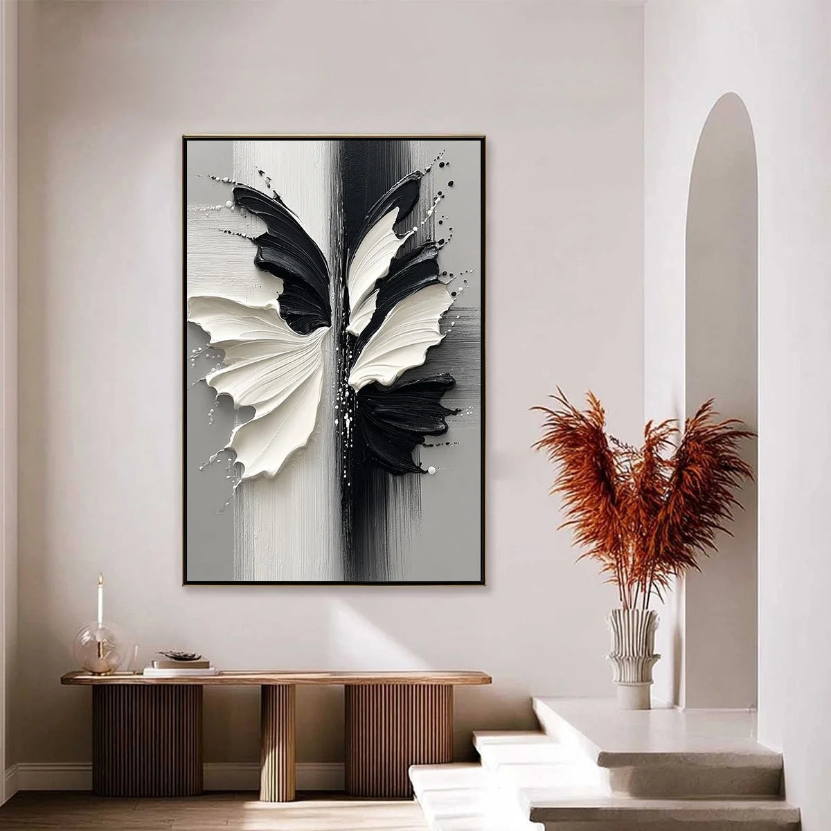 METAMORPHOSIS: Textured Abstract Butterfly Painting in Black and White | black frame version on white wall