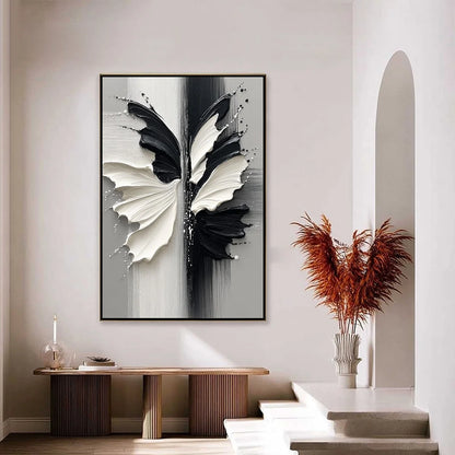 METAMORPHOSIS: Textured Abstract Butterfly Painting in Black and White | black frame version on white wall