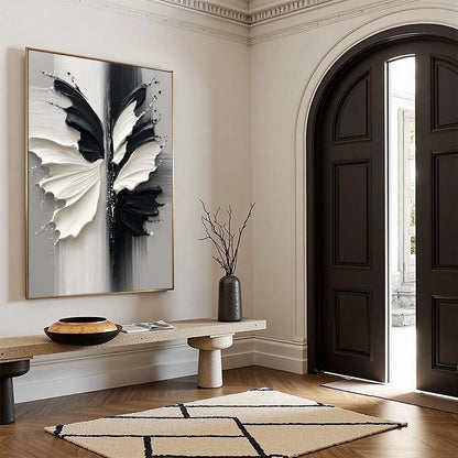 METAMORPHOSIS: Textured Abstract Butterfly Painting in Black and White | beige palette, original oil on stretched canvas art