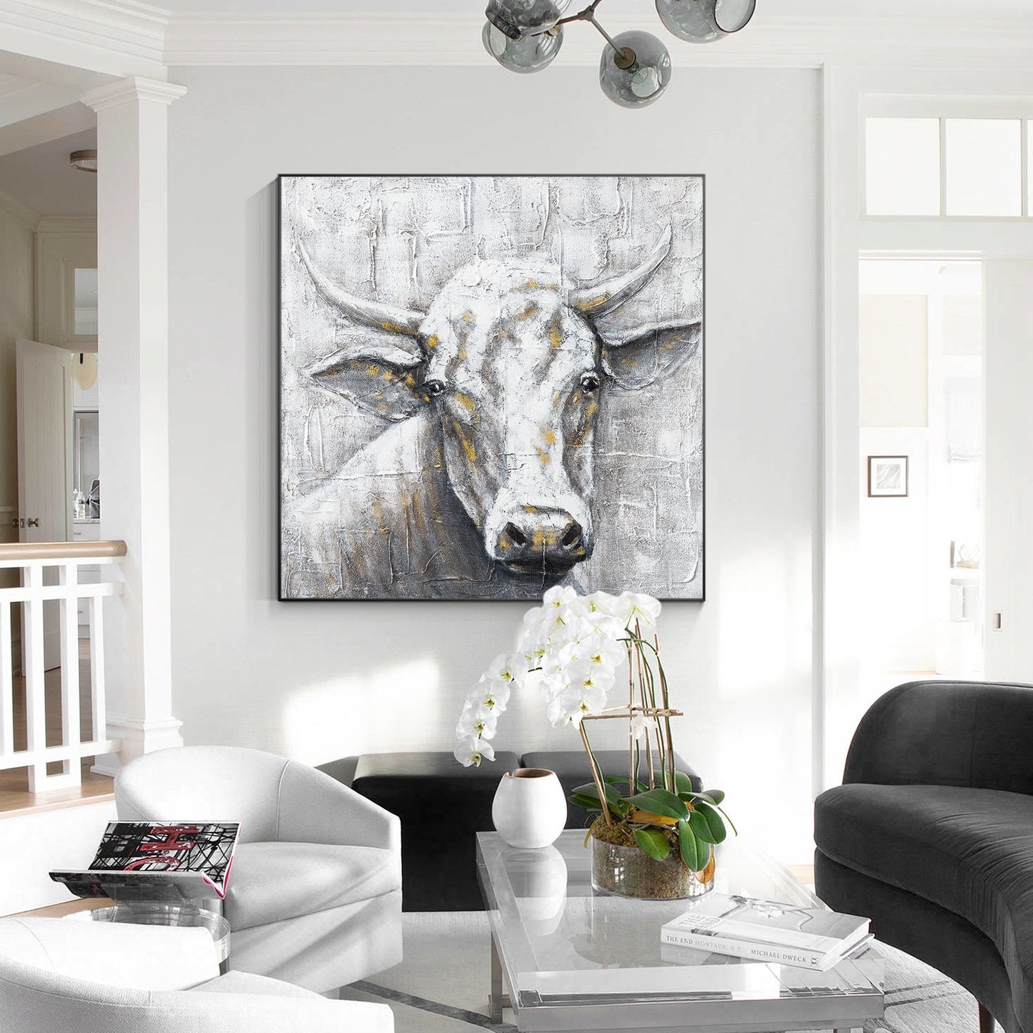 Black White Cow Texture Wall Art, Original Painting On Canvas, Extra Large Squar #2