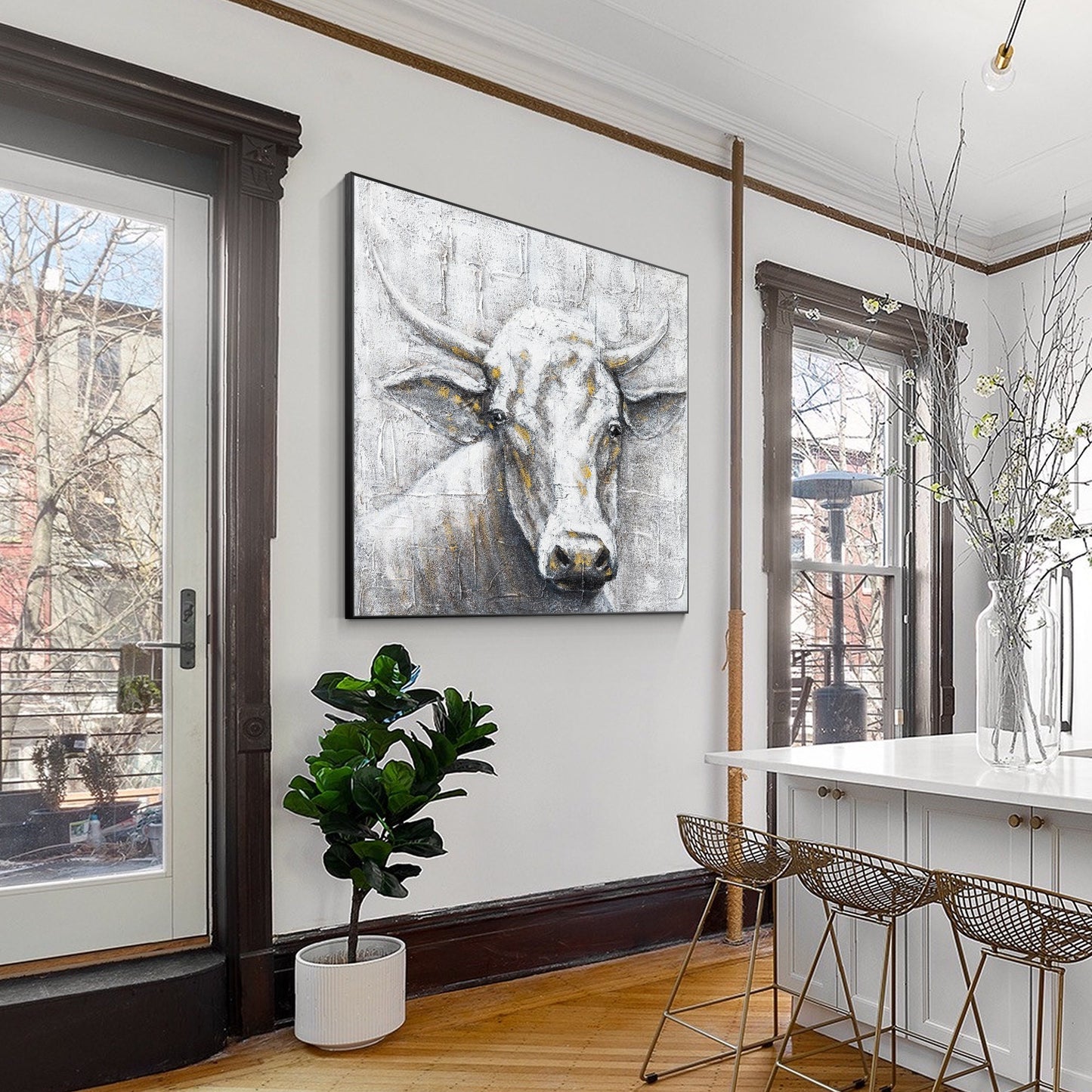 Black White Cow Texture Wall Art, Original Painting On Canvas, Extra Large Squar #3