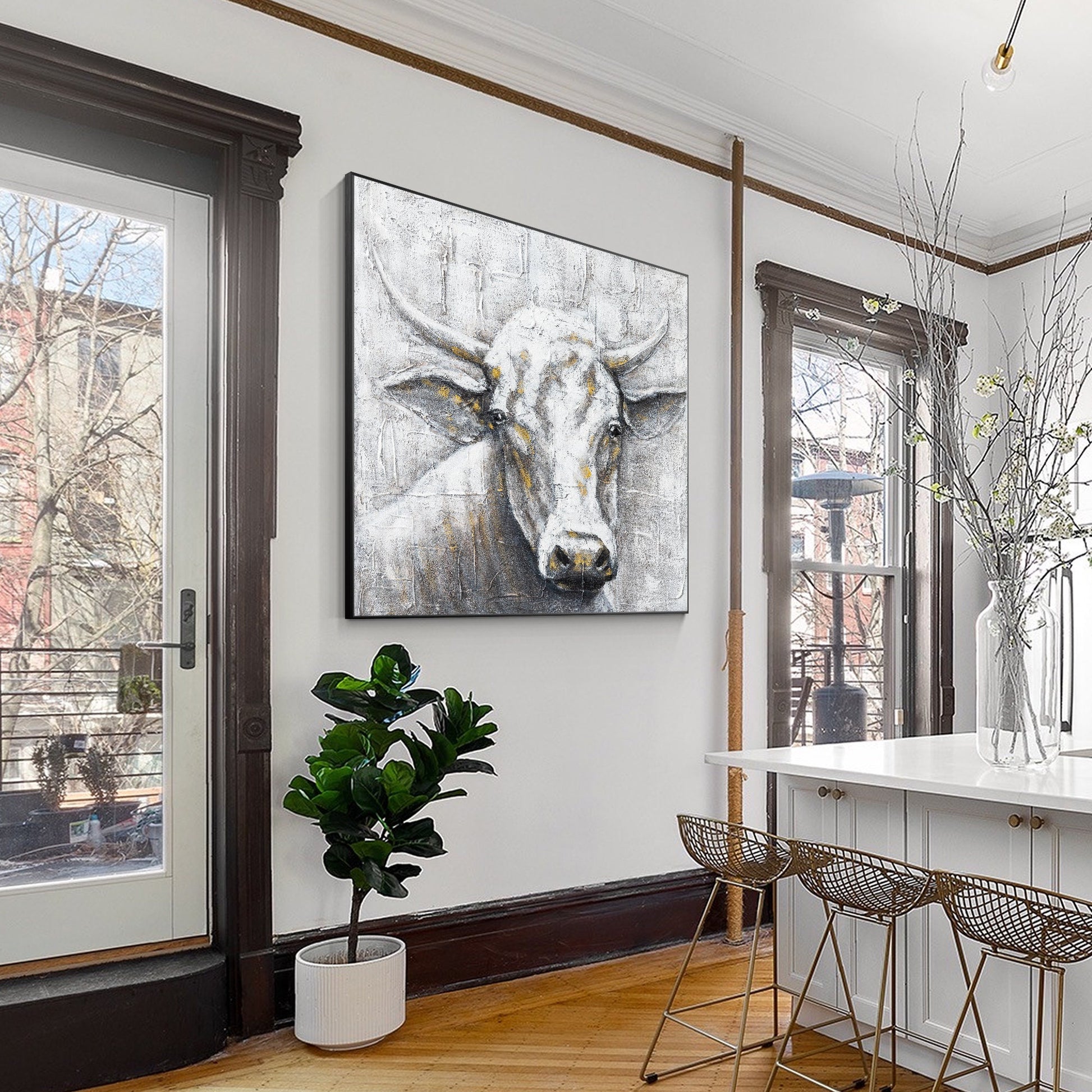 Black White Cow Texture Wall Art, Original Painting On Canvas, Extra Large Squar #3