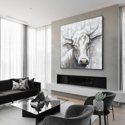 Black White Cow Texture Wall Art, Original Painting On Canvas, Extra Large Squar #4