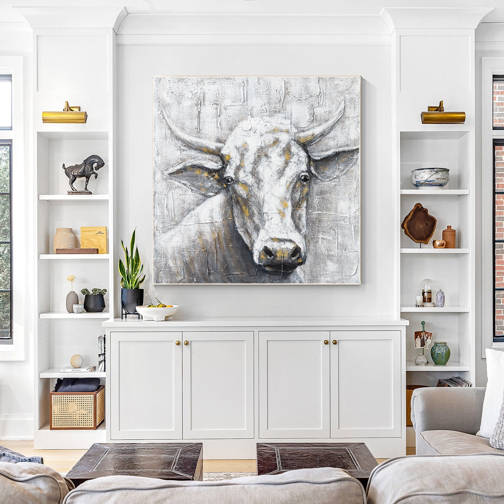 Black White Cow Texture Wall Art, Original Painting On Canvas, Extra Large Squar #1