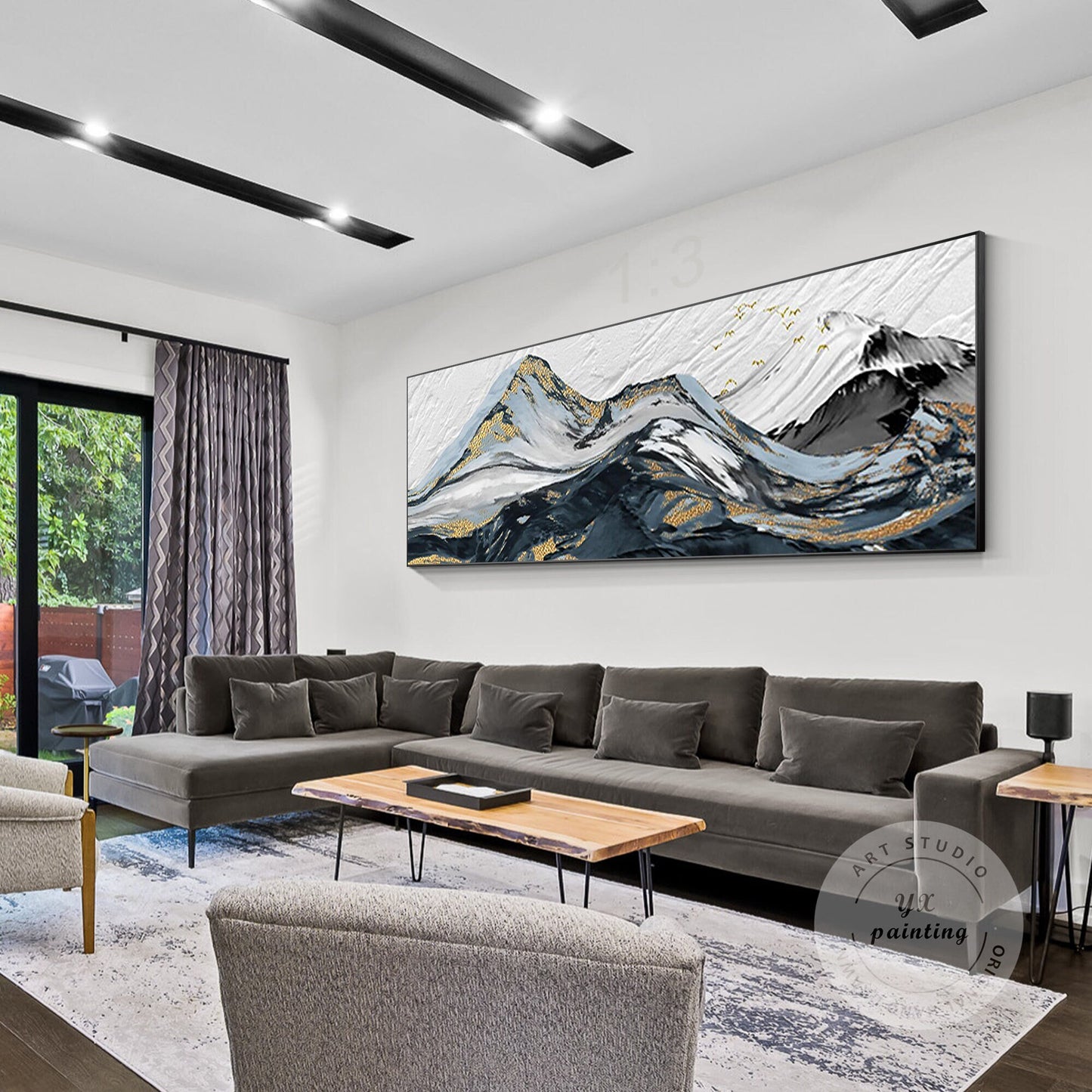Black White Gold Mountain Painting: Abstract Landscape Framed Canvas Art #2