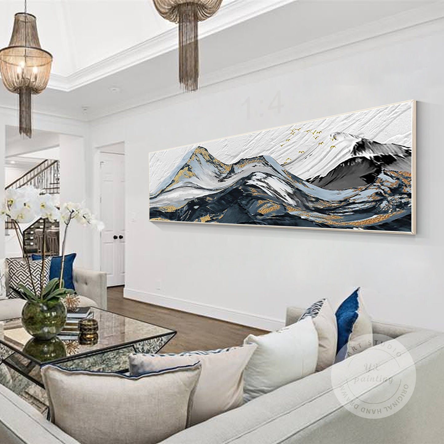 Black White Gold Mountain Painting: Abstract Landscape Framed Canvas Art #3
