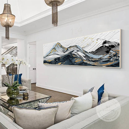 Black White Gold Mountain Painting: Abstract Landscape Framed Canvas Art #3