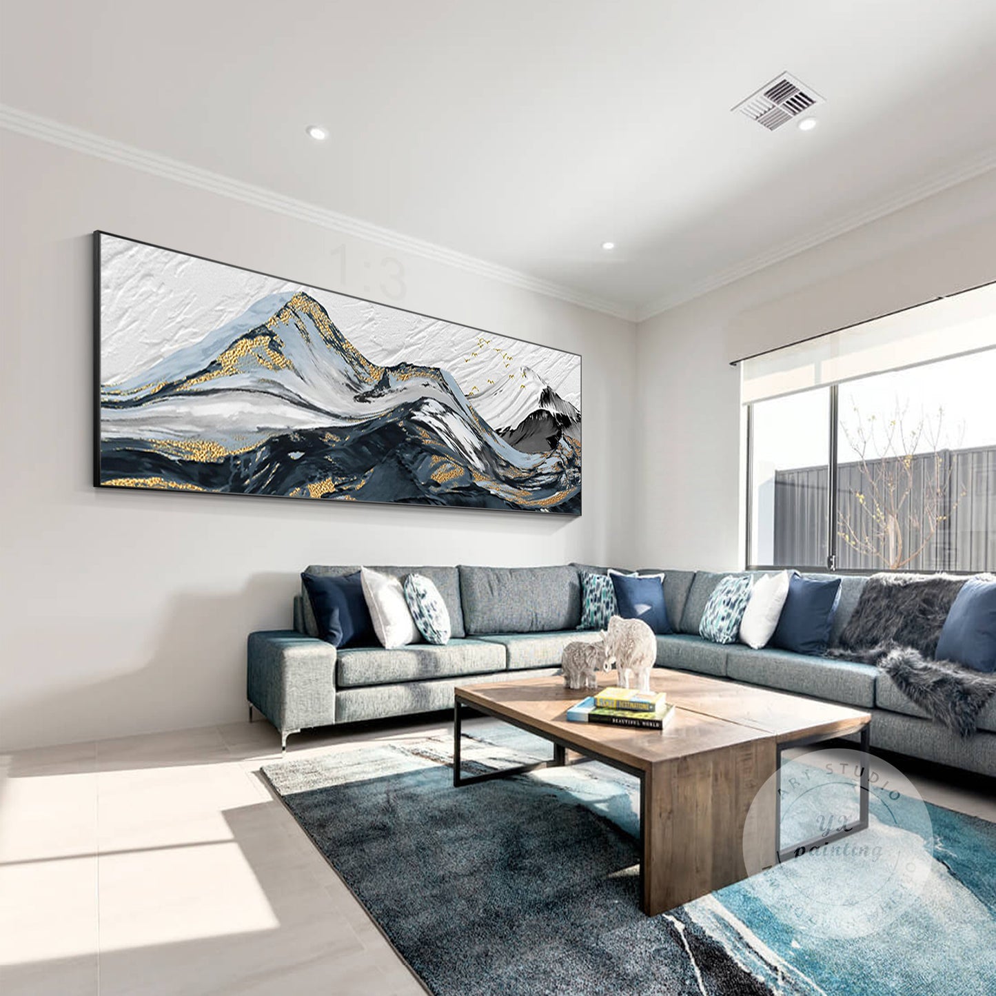 Black White Gold Mountain Painting: Abstract Landscape Framed Canvas Art #5