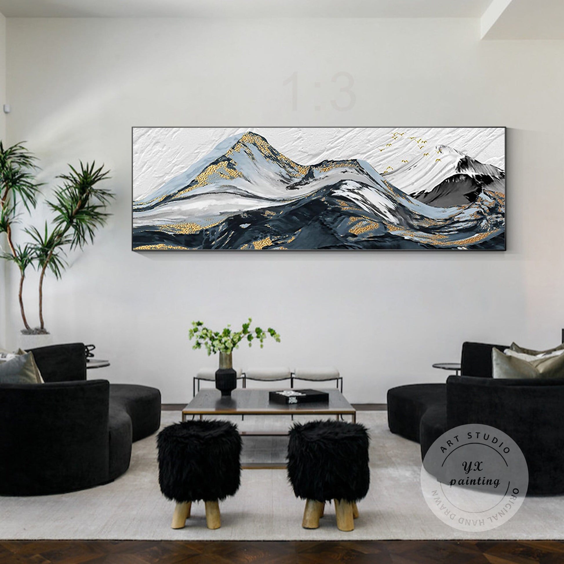 Black White Gold Mountain Painting: Abstract Landscape Framed Canvas Art #1