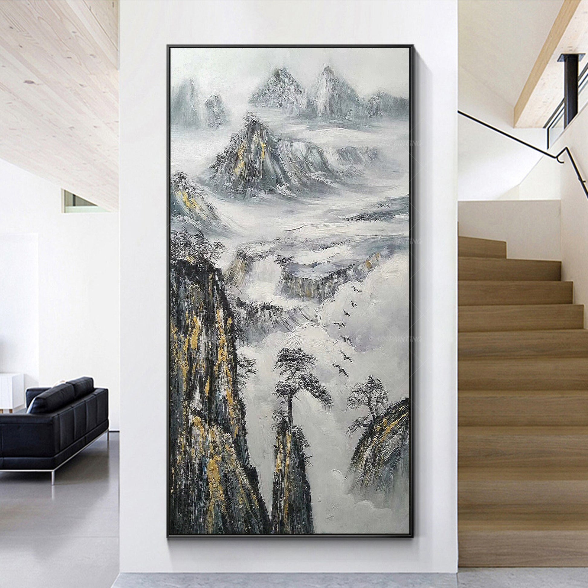 Black White Gold Mountain Painting Large Landscape Paintings on canvas Framed wa #3