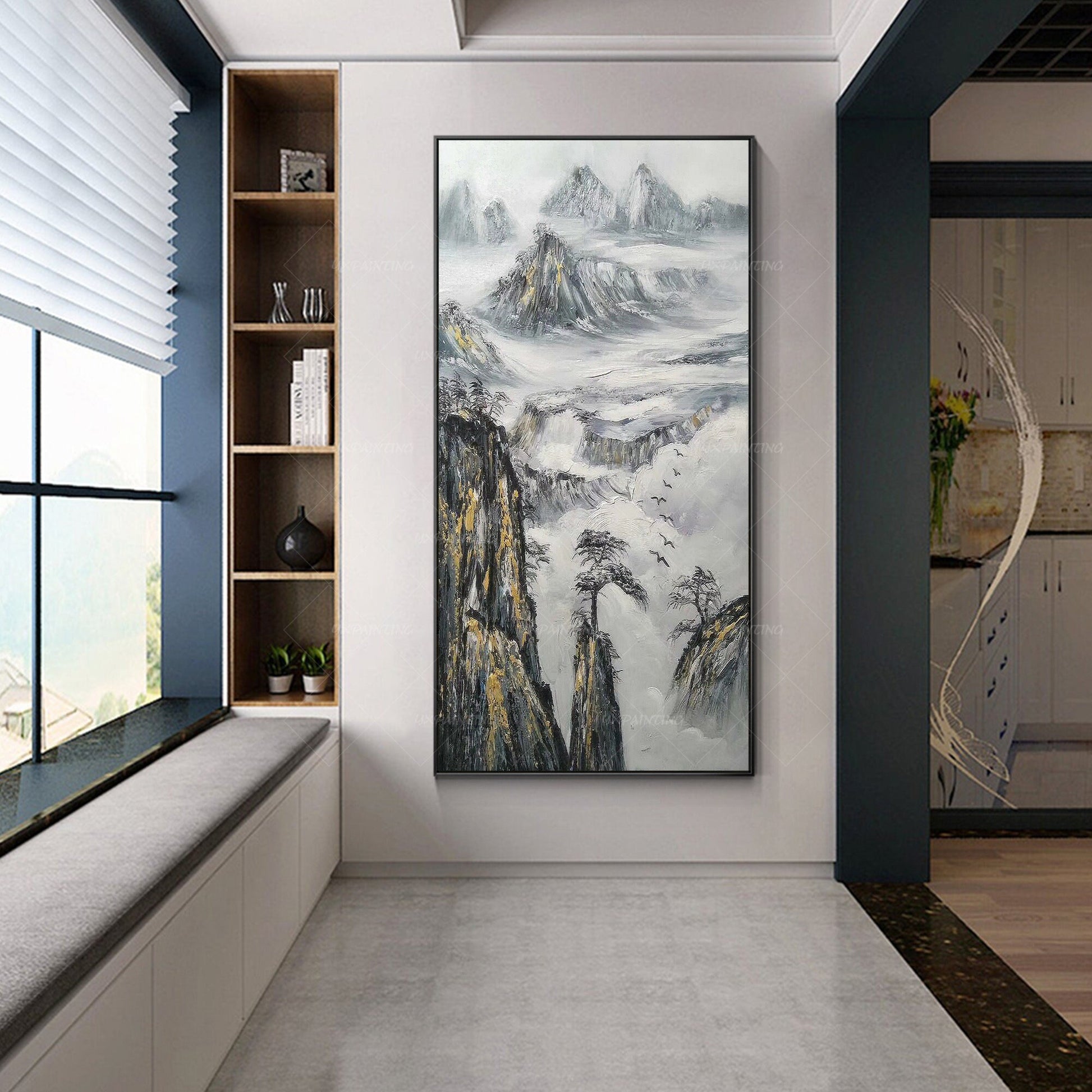 Black White Gold Mountain Painting Large Landscape Paintings on canvas Framed wa #4
