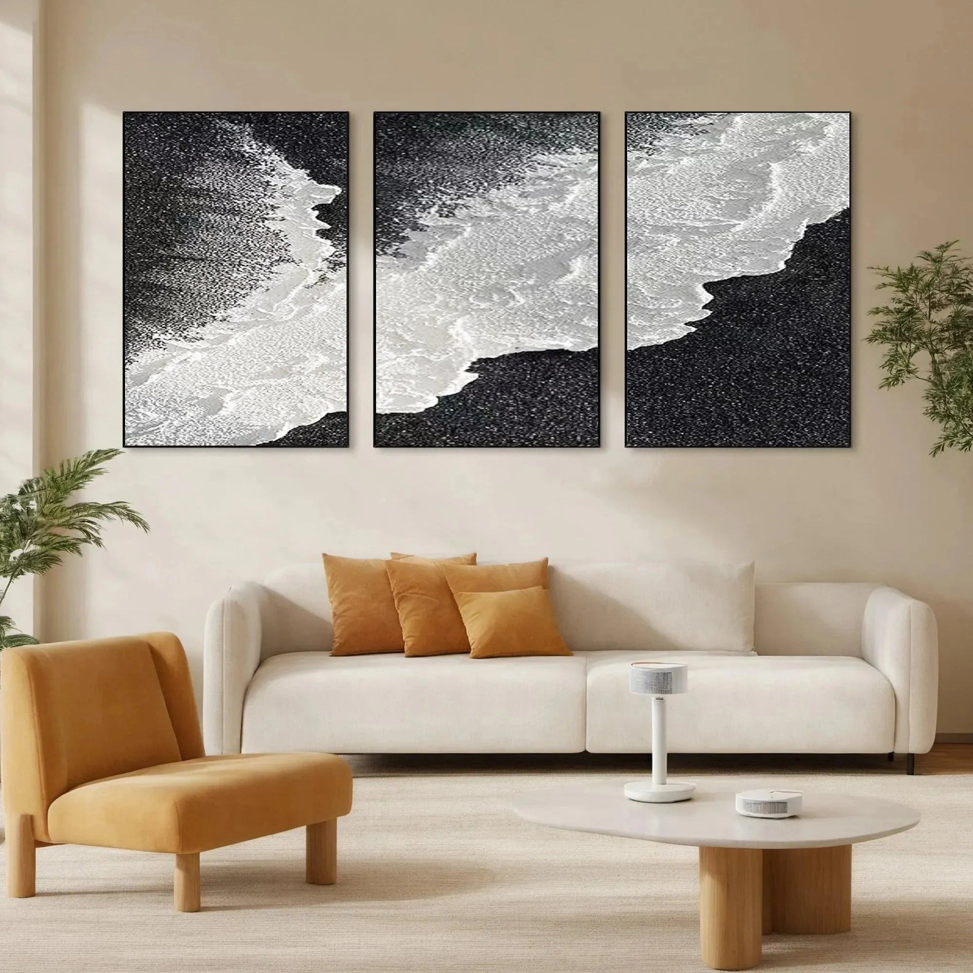 BLACK & WHITE OCEAN TRIPTYCH: Abstract Ocean Painting Set of 3, Vertical Wall Art | Abstract closeup, raised brushwork detail