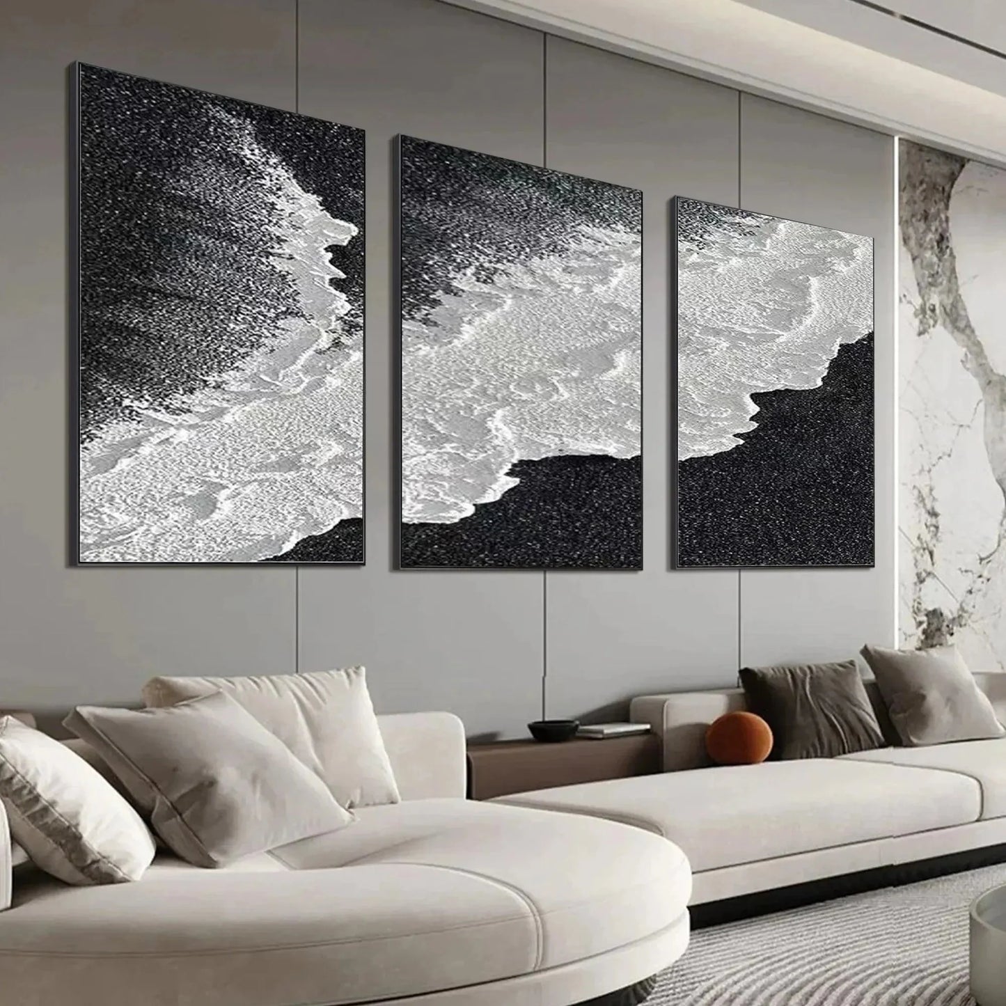 BLACK & WHITE OCEAN TRIPTYCH: Abstract Ocean Painting Set of 3, Vertical Wall Art | rectangular format, hand-painted canvas edge