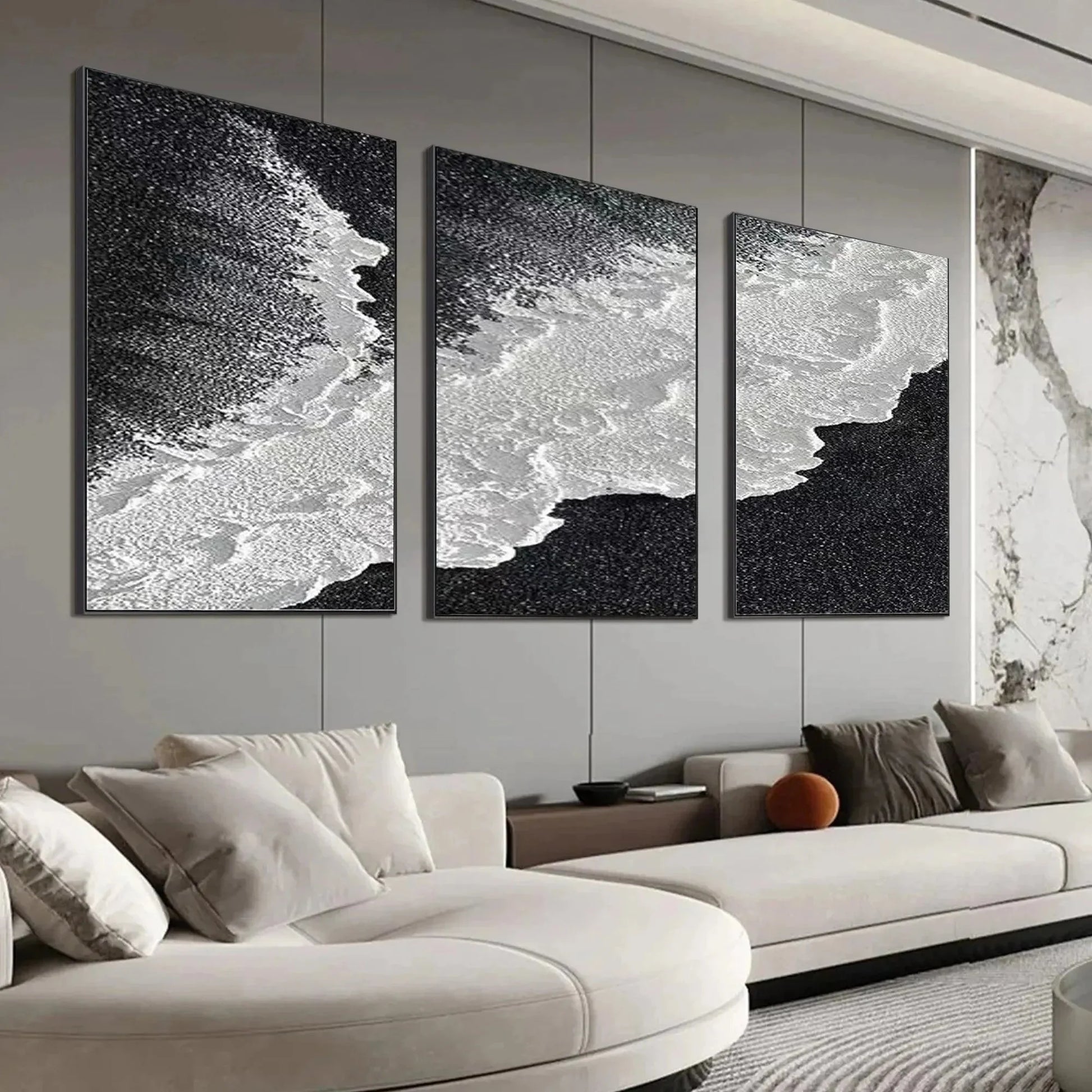 BLACK & WHITE OCEAN TRIPTYCH: Abstract Ocean Painting Set of 3, Vertical Wall Art | rectangular format, hand-painted canvas edge