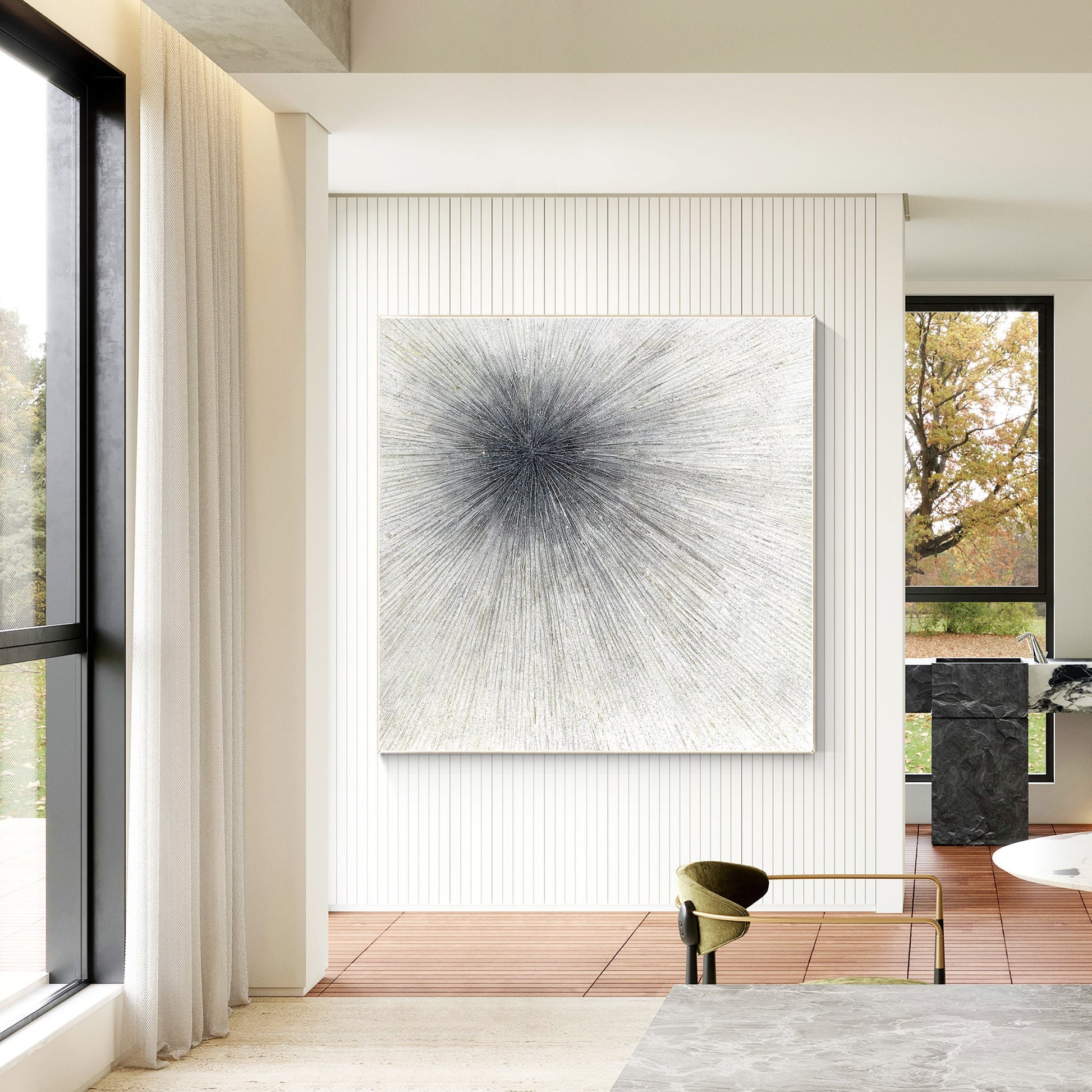 Black White Ray Glitter Painting Original Painting On Canvas, Square Minimalist  #2
