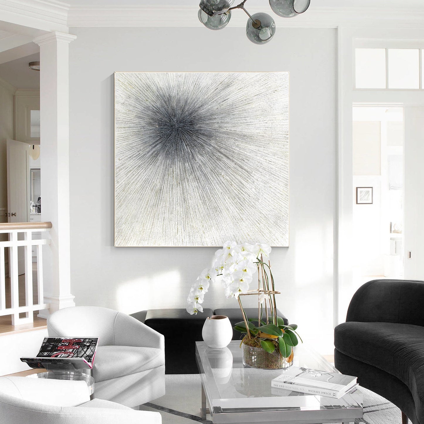Black White Ray Glitter Painting Original Painting On Canvas, Square Minimalist  #3