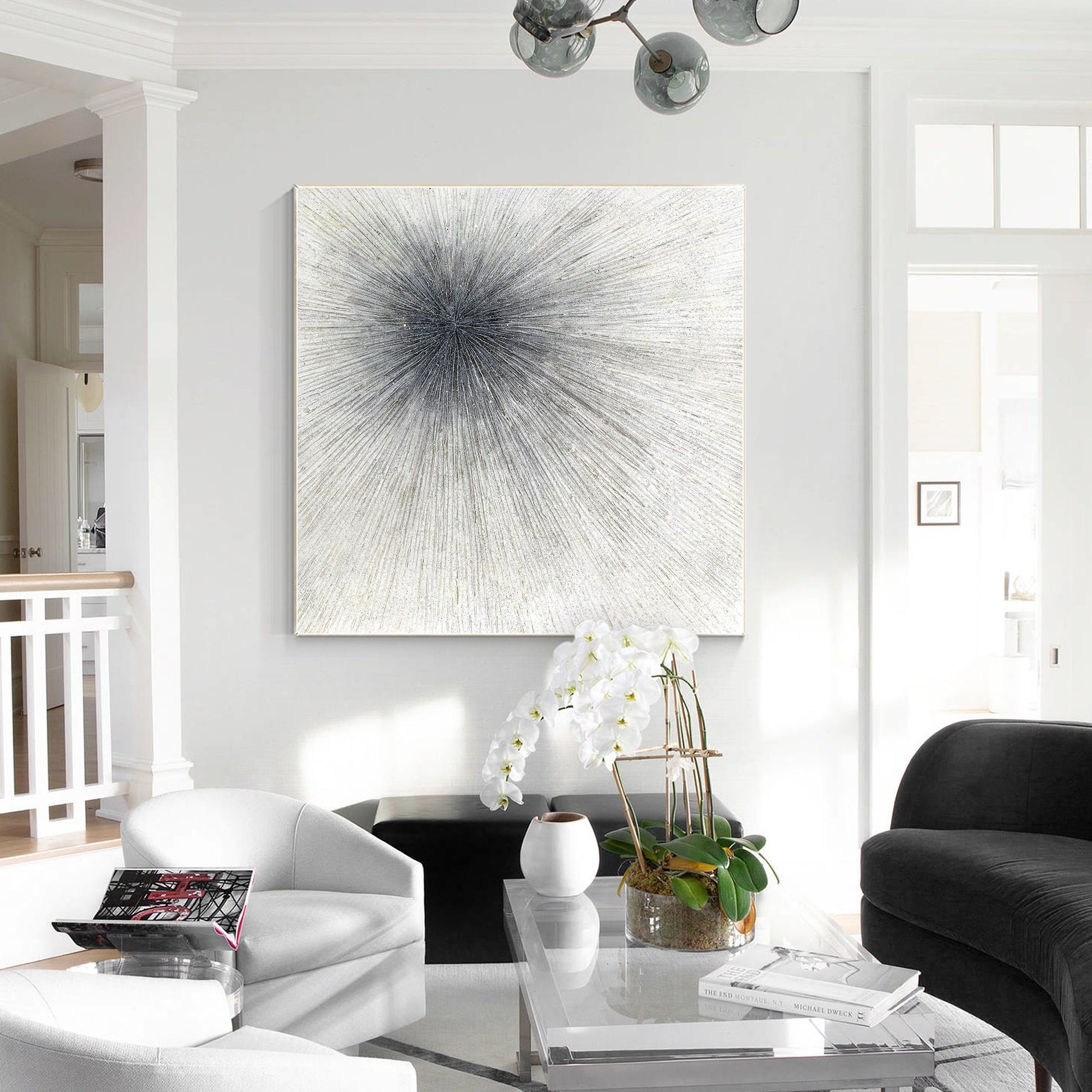 Black White Ray Glitter Painting Original Painting On Canvas, Square Minimalist  #3