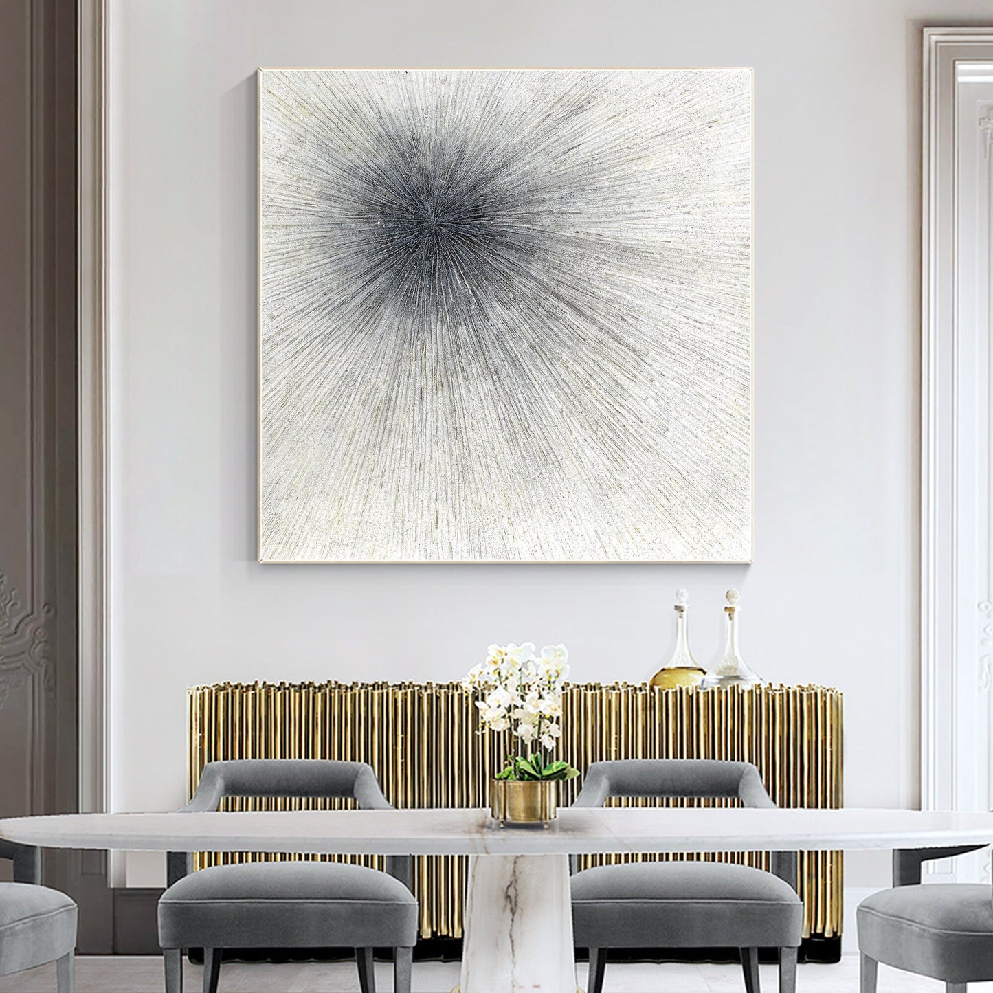 Black White Ray Glitter Painting Original Painting On Canvas, Square Minimalist  #4