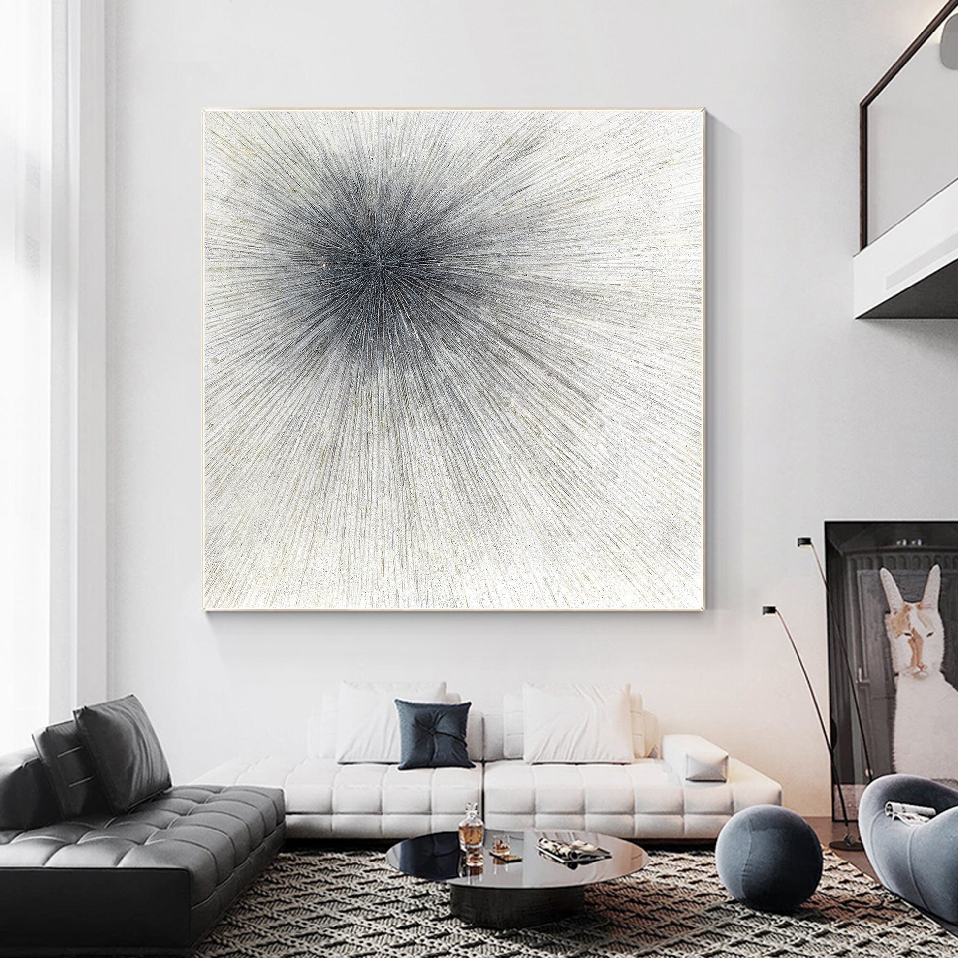 Black White Ray Glitter Painting Original Painting On Canvas, Square Minimalist  #5