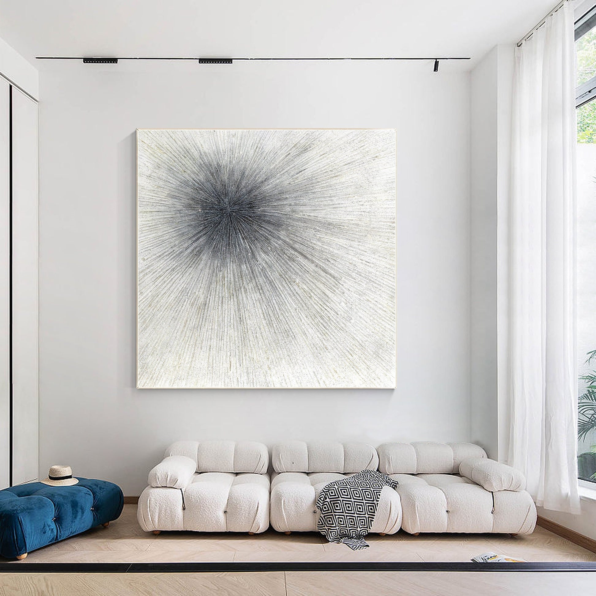 Black White Ray Glitter Painting Original Painting On Canvas, Square Minimalist  #1