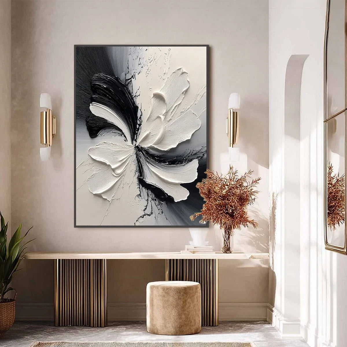 ECLIPSE BLOSSOM: Textured Black and White Abstract Impasto Painting | Abstract closeup, raised brushwork detail