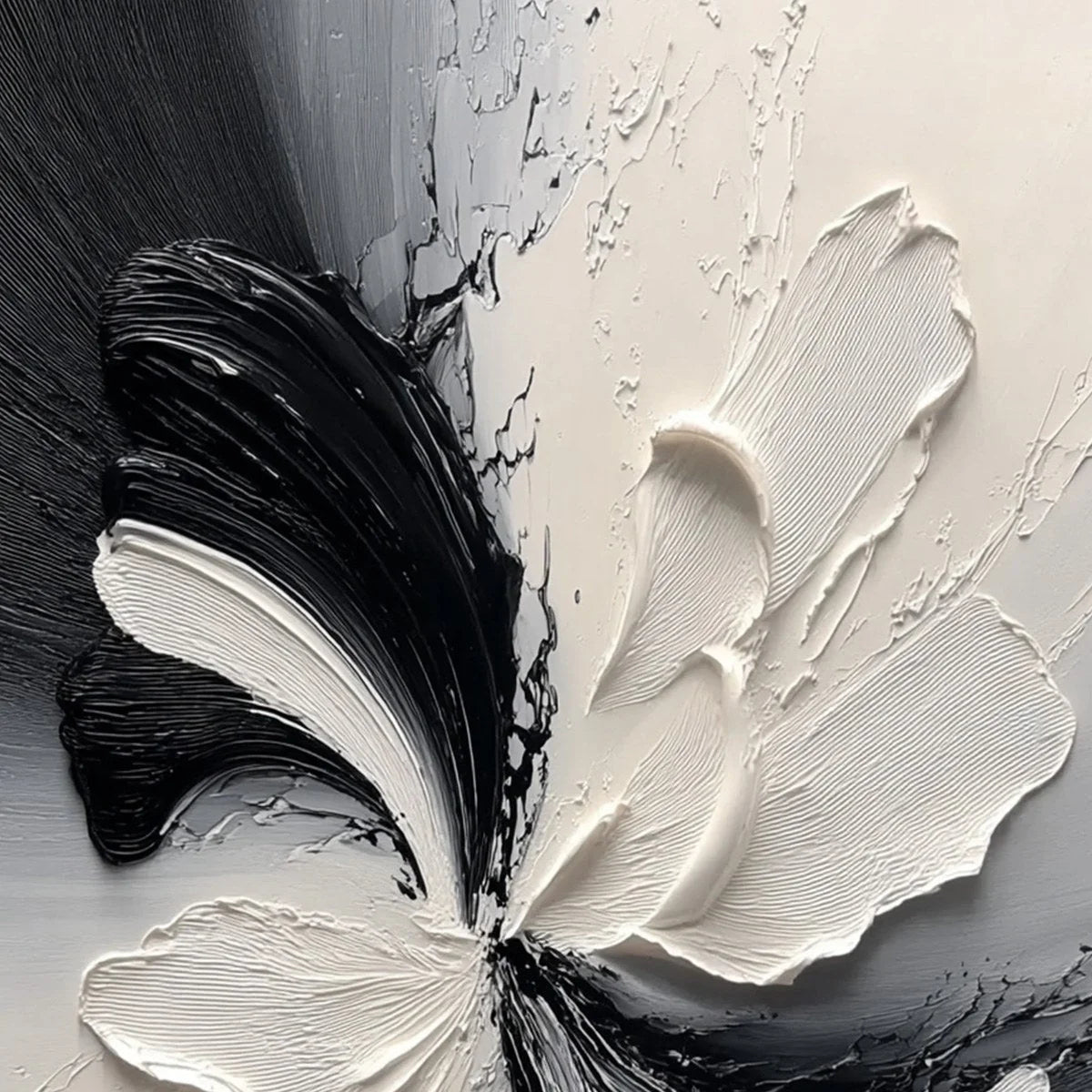 ECLIPSE BLOSSOM: Textured Black and White Abstract Impasto Painting | rectangular format, hand-painted canvas edge
