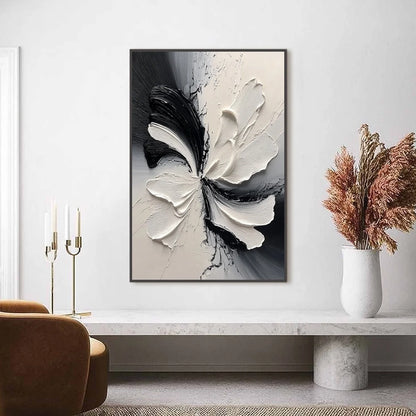 ECLIPSE BLOSSOM: Textured Black and White Abstract Impasto Painting | gold frame stretched on neutral wall
