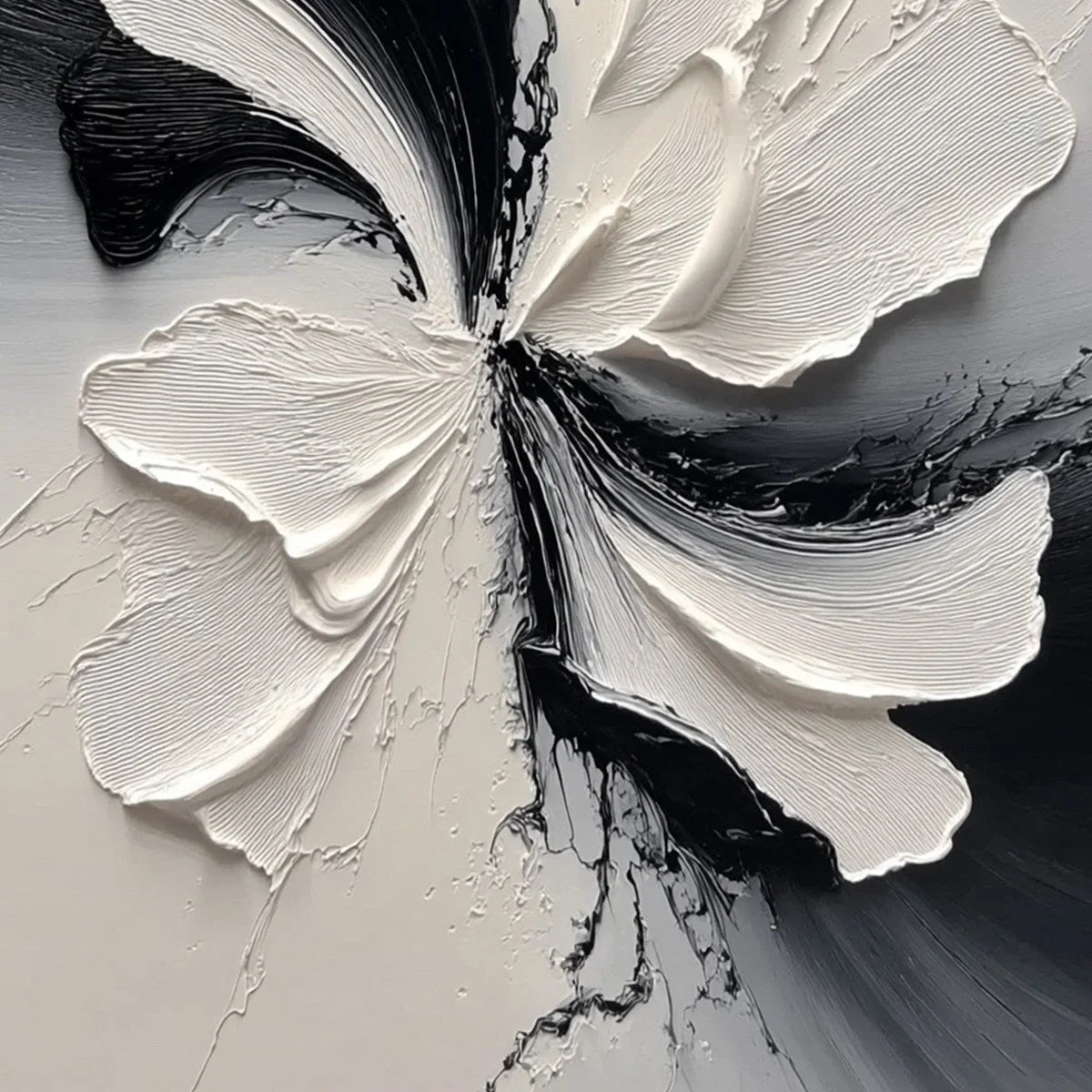 ECLIPSE BLOSSOM: Textured Black and White Abstract Impasto Painting | rolled canvas, ready for custom framing