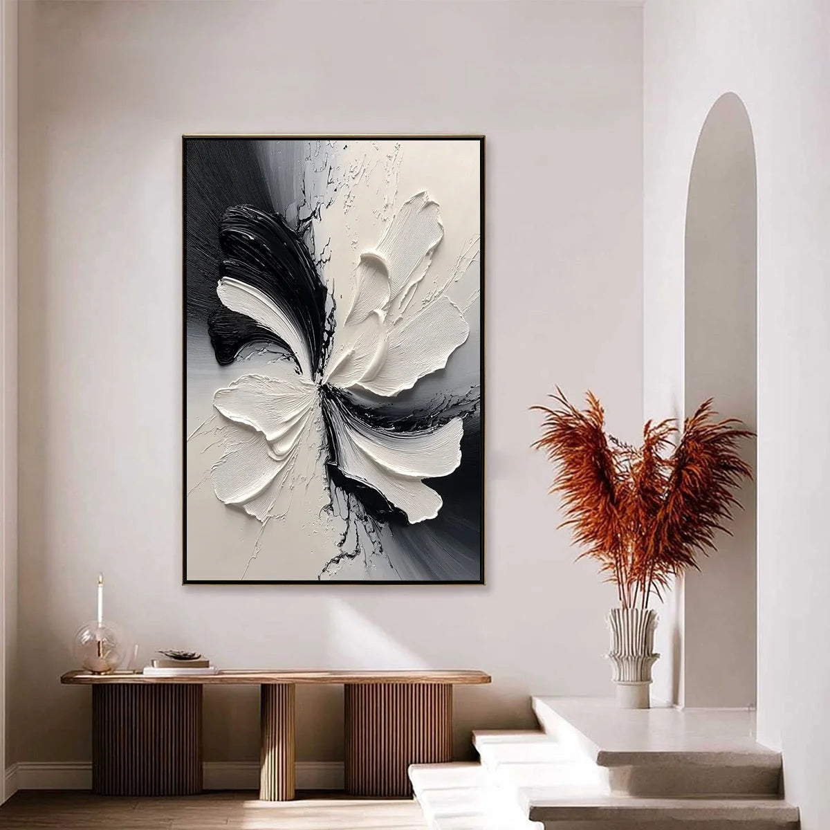 ECLIPSE BLOSSOM: Textured Black and White Abstract Impasto Painting | black frame version on white wall
