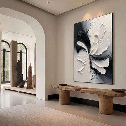 ECLIPSE BLOSSOM: Textured Black and White Abstract Impasto Painting | Abstract mood, soft natural light studio shot