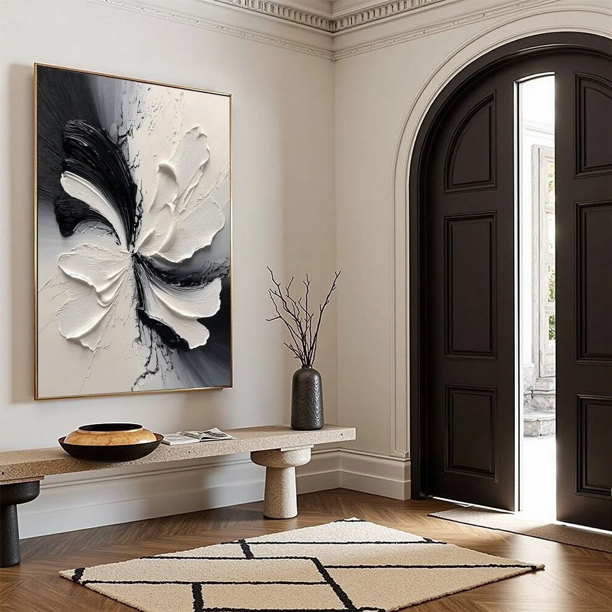 ECLIPSE BLOSSOM: Textured Black and White Abstract Impasto Painting | beige palette, original Hand-painted on premium stretched canvas using artist-grade oils; rich layered surface combines smooth ...