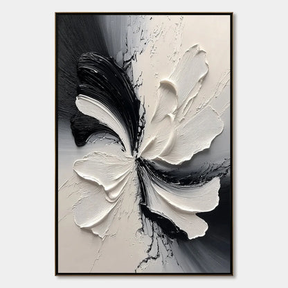 ECLIPSE BLOSSOM: Textured Black and White Abstract Impasto Painting | hanging in ECLIPSE BLOSSOM: Textured Black and White Abstract Impasto Painting featuring layered textured brushwork in refined ...