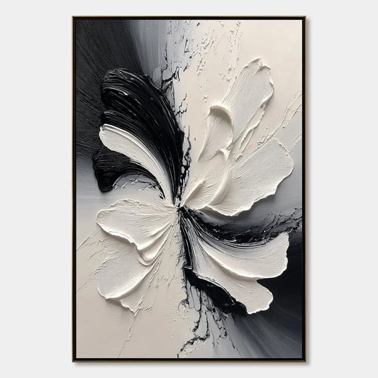 ECLIPSE BLOSSOM: Textured Black and White Abstract Impasto Painting | hanging in ECLIPSE BLOSSOM: Textured Black and White Abstract Impasto Painting featuring layered textured brushwork in refined ...