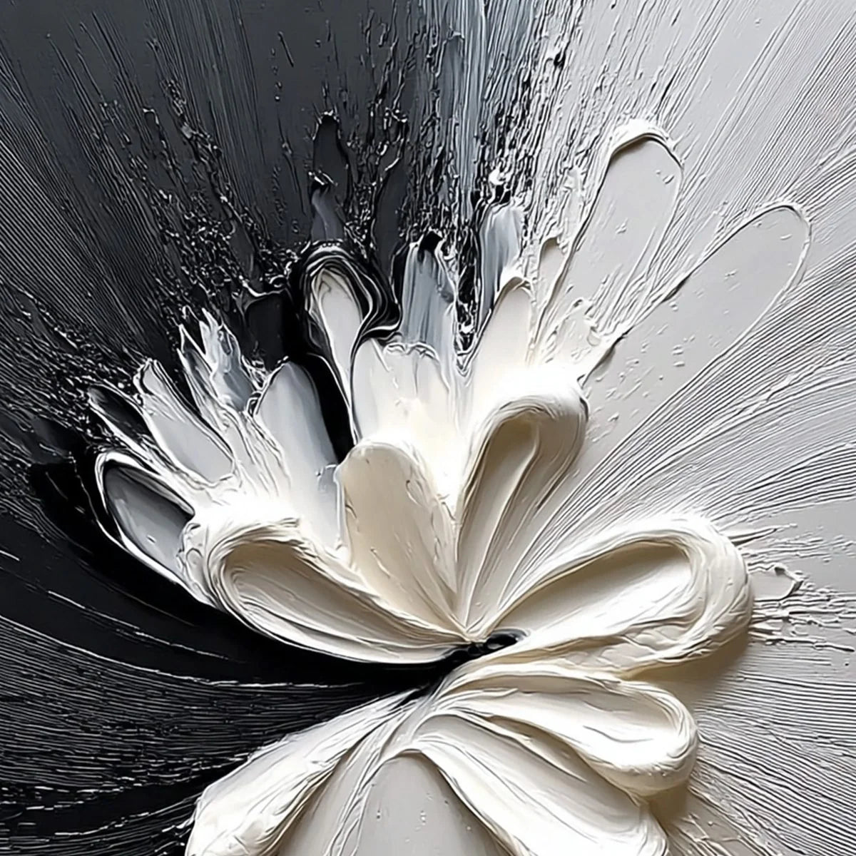 GENESIS: Black and White Textured Abstract Impasto Painting | rectangular format, hand-painted canvas edge