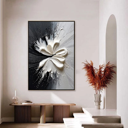 GENESIS: Black and White Textured Abstract Impasto Painting | gold frame stretched on neutral wall