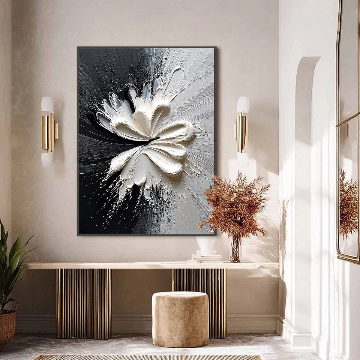 GENESIS: Black and White Textured Abstract Impasto Painting | black frame version on white wall