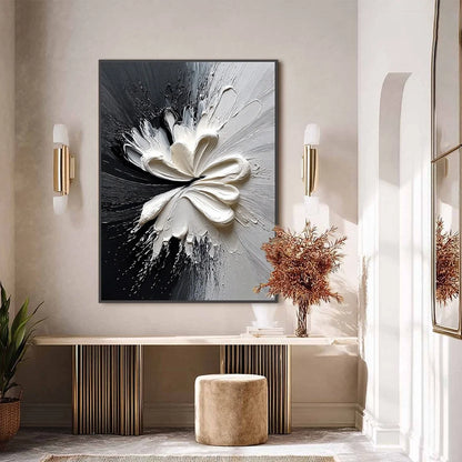 GENESIS: Black and White Textured Abstract Impasto Painting | black frame version on white wall