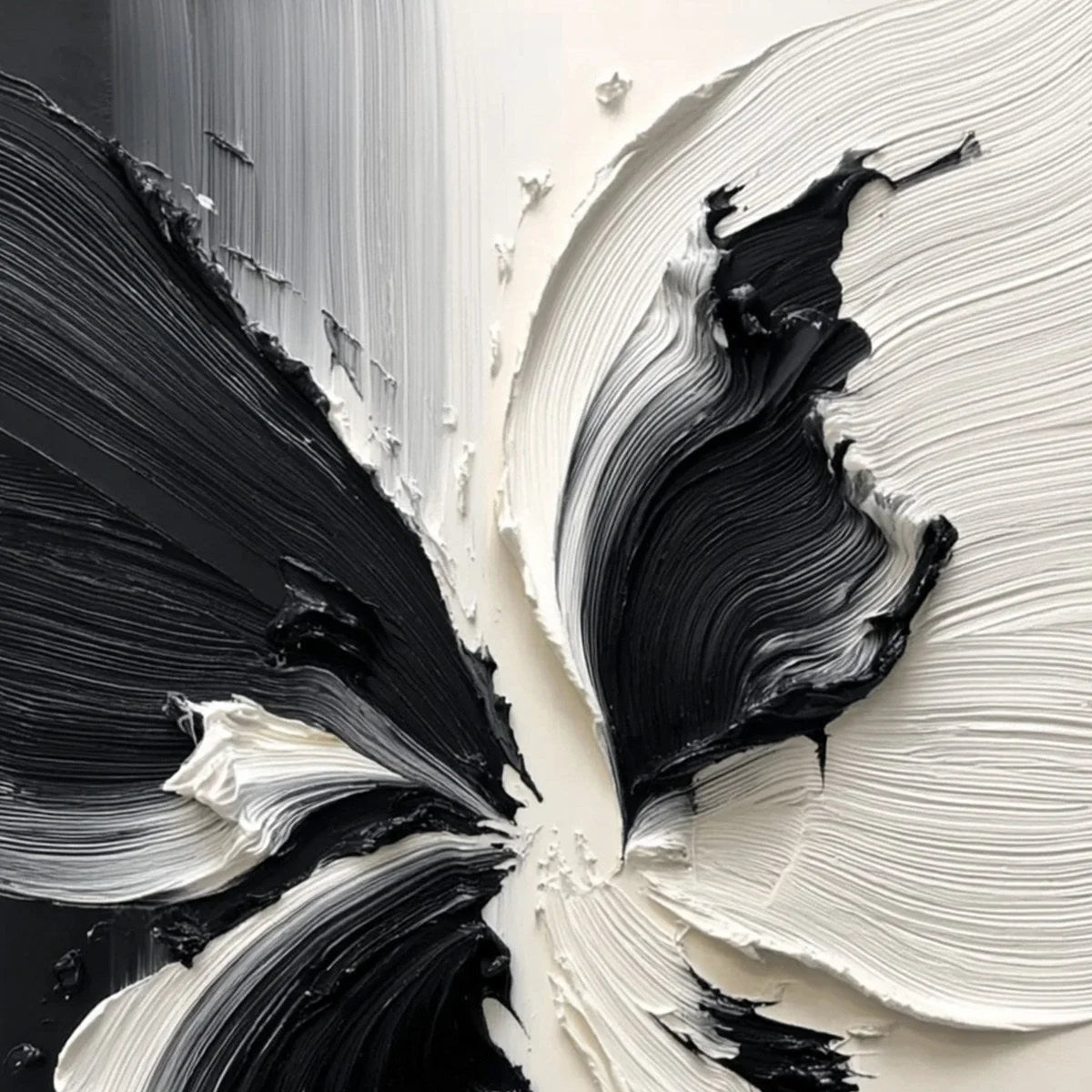 ECLOSION: Black and White Wabi Sabi Textured Abstract Flower Painting | rectangular format, hand-painted canvas edge