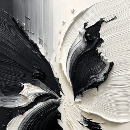 ECLOSION: Black and White Wabi Sabi Textured Abstract Flower Painting | rectangular format, hand-painted canvas edge