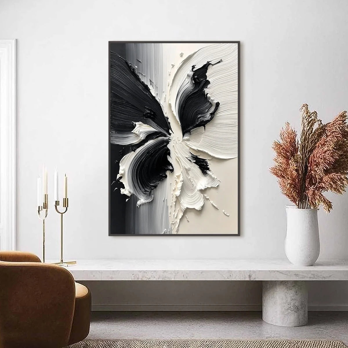 ECLOSION: Black and White Wabi Sabi Textured Abstract Flower Painting | gold frame stretched on neutral wall