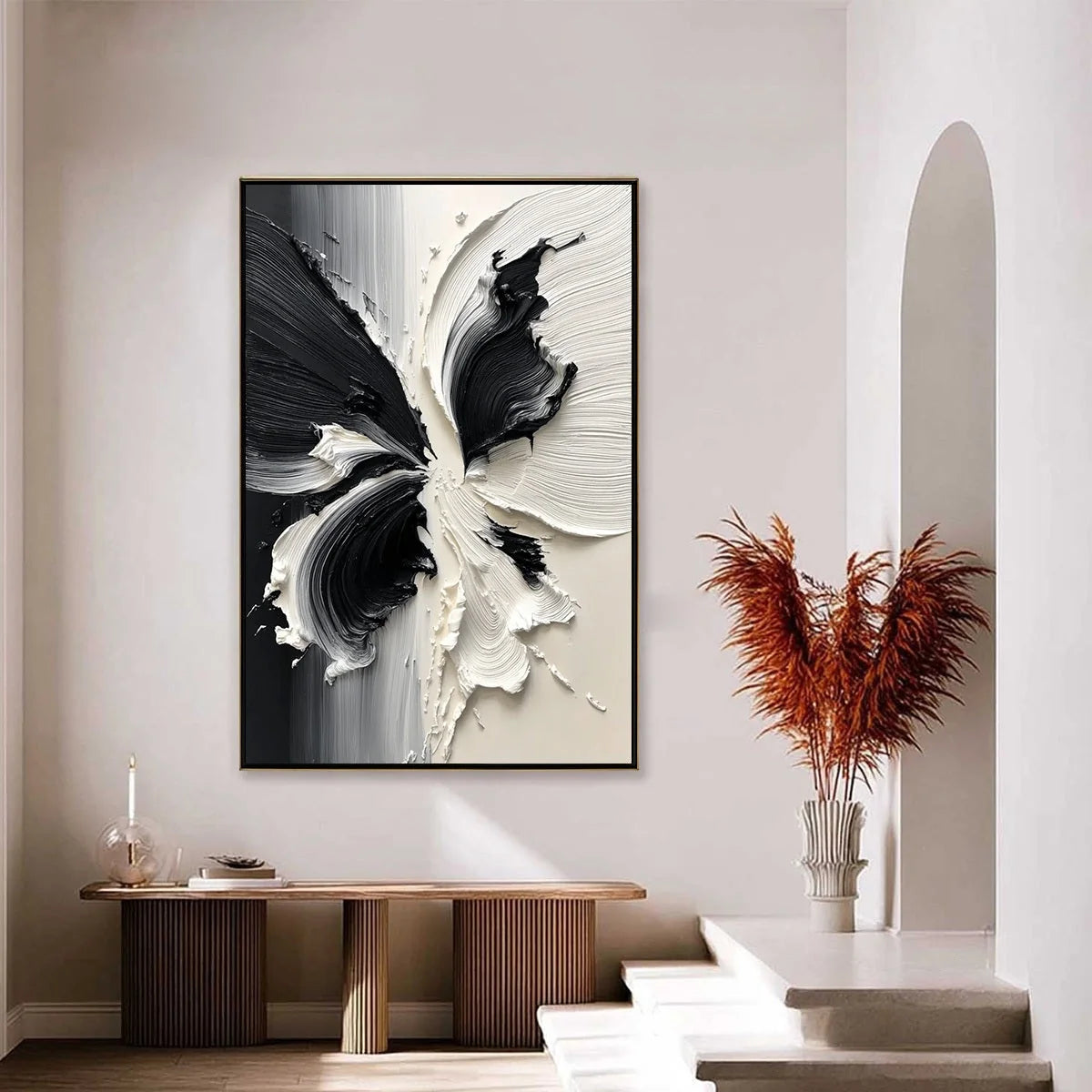 ECLOSION: Black and White Wabi Sabi Textured Abstract Flower Painting | black frame version on white wall