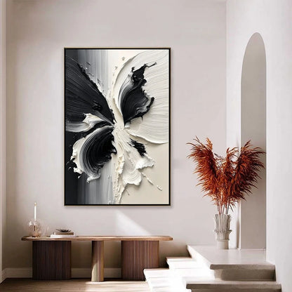 ECLOSION: Black and White Wabi Sabi Textured Abstract Flower Painting | black frame version on white wall