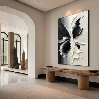 ECLOSION: Black and White Wabi Sabi Textured Abstract Flower Painting | Abstract mood, soft natural light studio shot