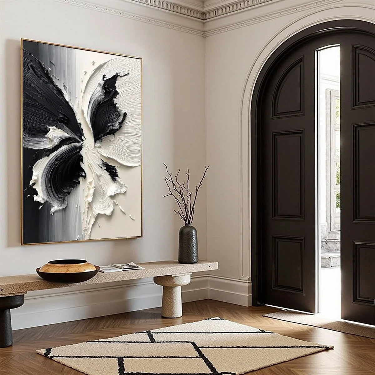ECLOSION: Black and White Wabi Sabi Textured Abstract Flower Painting | beige palette, original Hand-painted on premium stretched canvas using artist-grade oils; rich layered surface combines smoot...