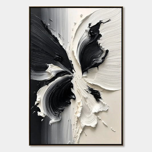 ECLOSION: Black and White Wabi Sabi Textured Abstract Flower Painting | hanging in ECLOSION: Black and White Wabi Sabi Textured Abstract Flower Painting featuring layered textured brushwork in refi...