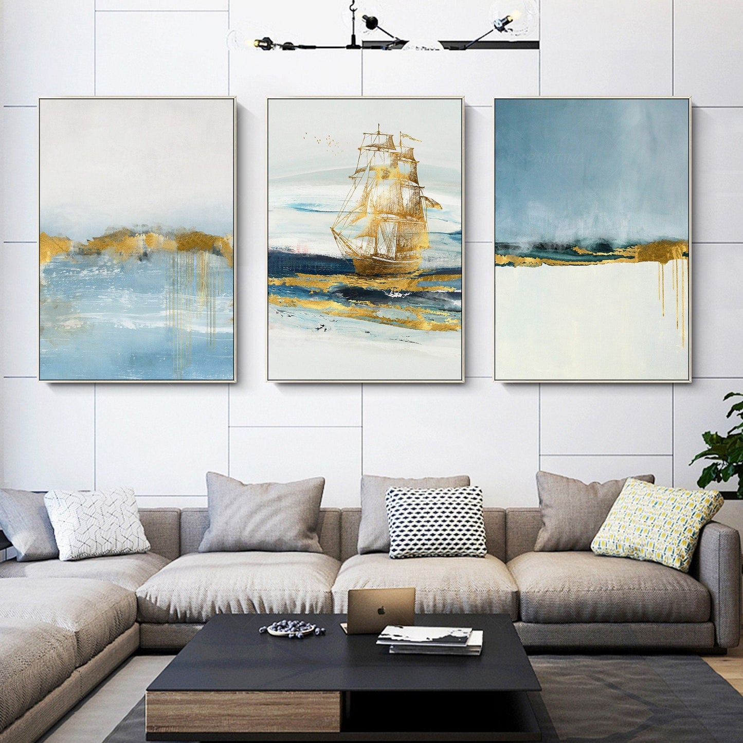 Bladgoud ingelijst schilderij zee schilderij lichtblauw gouden kunst zeilboot ab #11