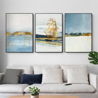 Bladgoud ingelijst schilderij zee schilderij lichtblauw gouden kunst zeilboot ab #13